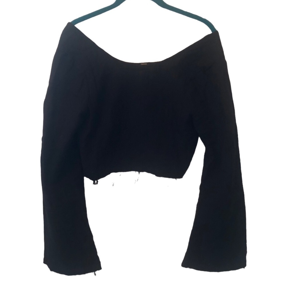 Free People WarmUp Long Sleeve Cropped Distressed Tee Frayed bottom Black Size S
